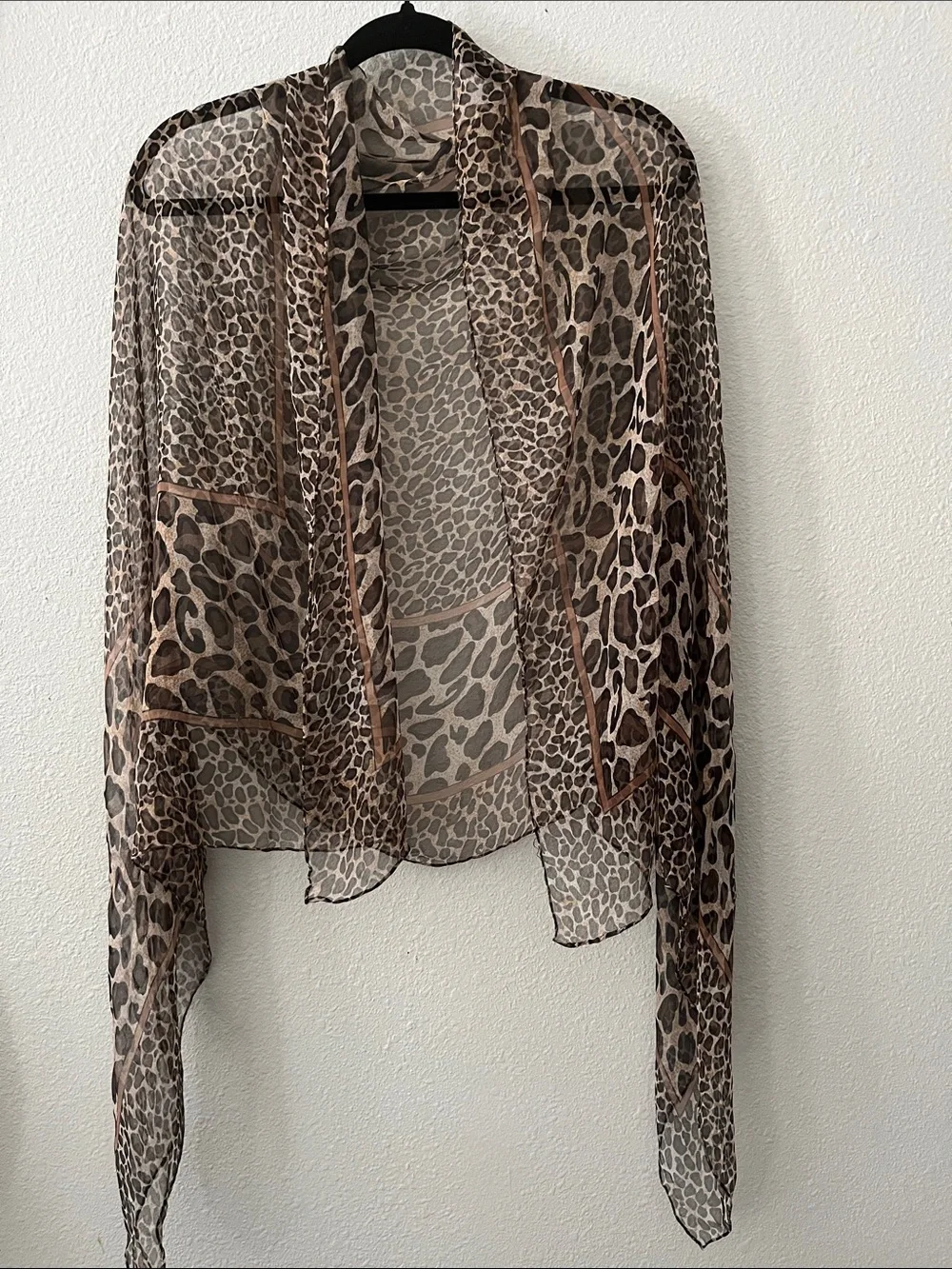 100% Silk Leopard Print Sheer Wrap scarf - Brown/Cream Hand rolled hem